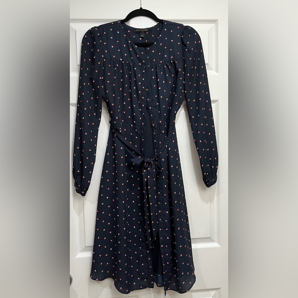Banana republic Navy blue dress with little red heart shaped dots!